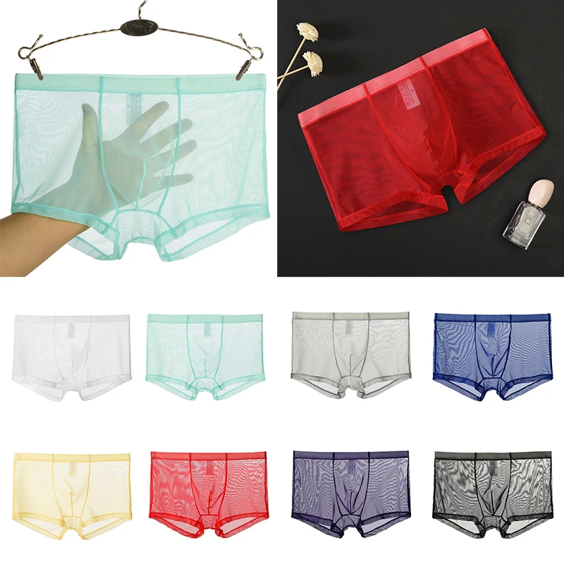 Men Sexy Transparent Boxers Summer Thin Mesh Underwear Breathable Seamless Panties Male Mid-rise Mesh Ice Silk Briefs Underpants new men s pure silk solid low rise pouch bag briefs undies bikinis underwear male soft panties lingerie трусы мужские