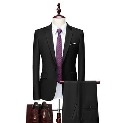 

Classic Men's Set 2 Piece Suit Pants Temperament Business Gentleman Formal Groom High Quality Set