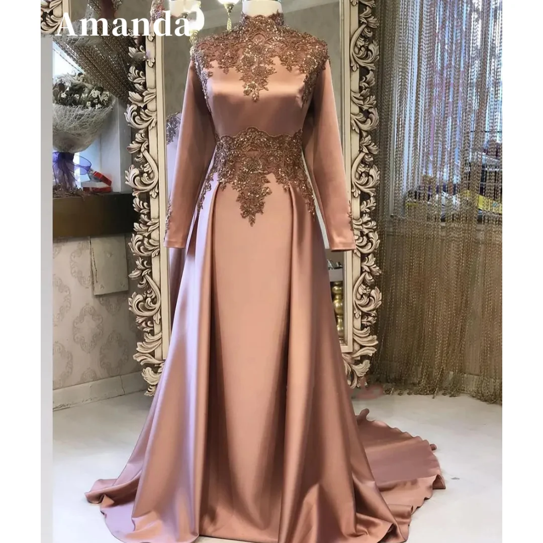 

Amanda Champagne vestidos de noche High Neck Lace Appliques Prom Dresses Elegant Long Sleeves Floor-Length Formal Evening 2024