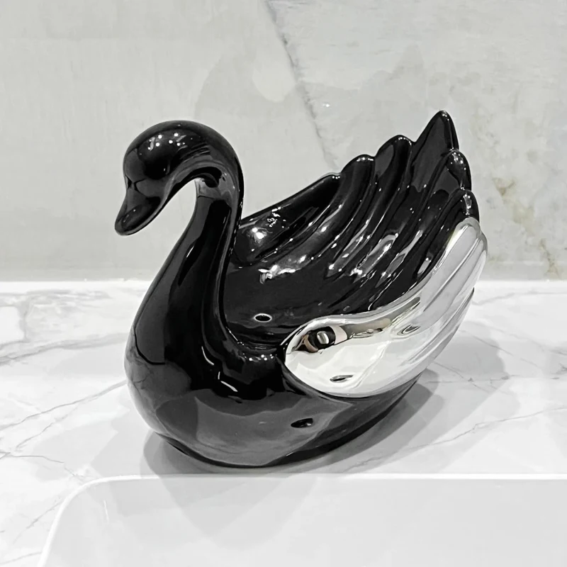 Ceramic Draining Soap Box, Light luxury Cartoon Cute Swan Shaped Soap Dishes, Home, Bathroom Kitchen Supplies, Storage Rack, 1Pc