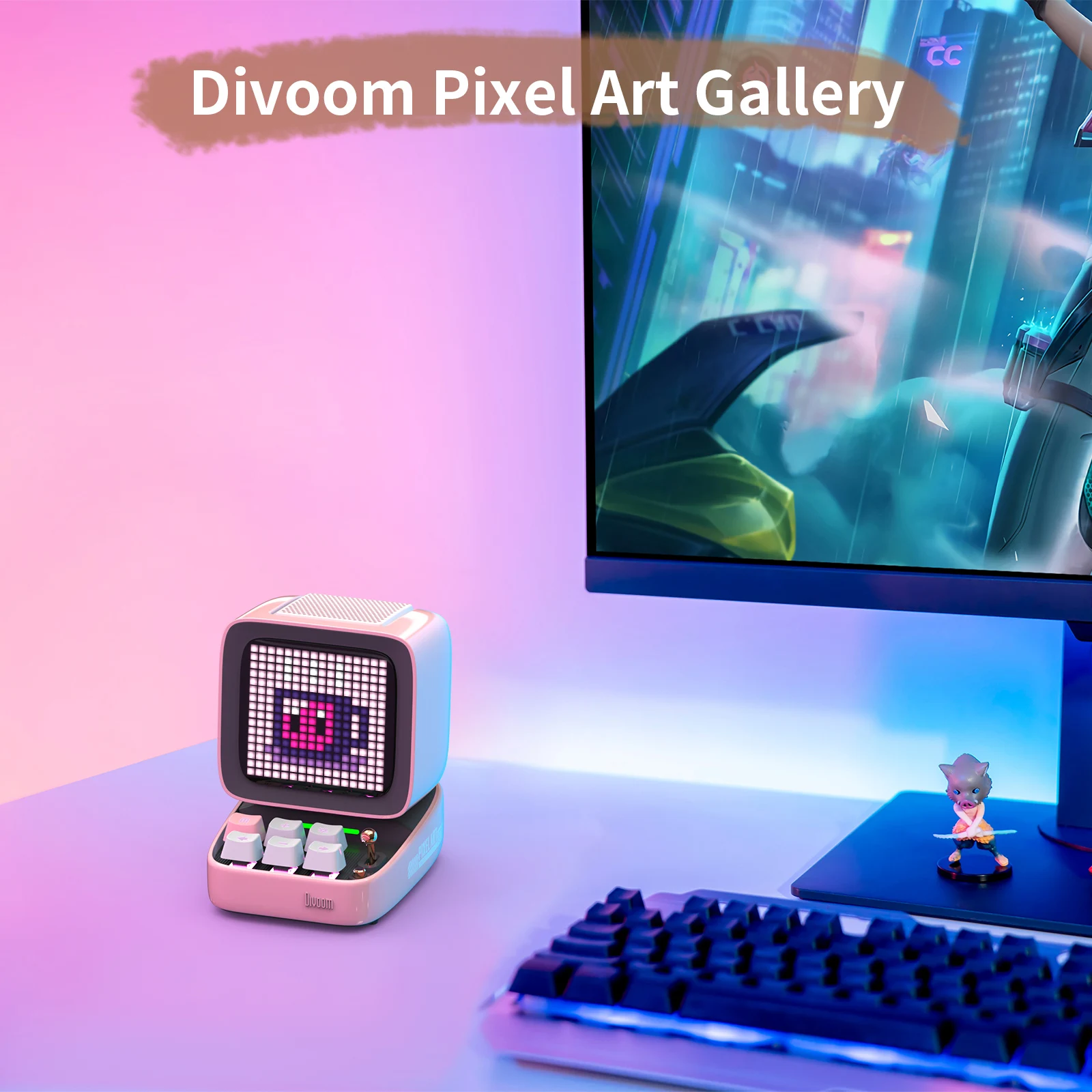Ditoo 블루투스 스피커, 레트로 픽셀 아트 게임, 16X16 LED 앱 제어 전면 스크린 핑크, DIY LED 디스플레이 보드