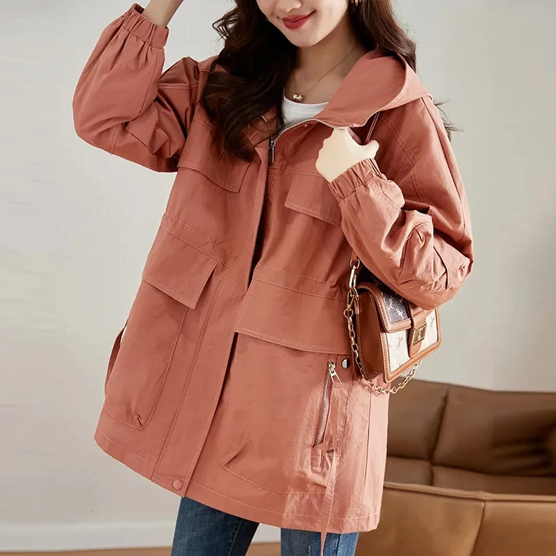 

Women Windbreaker 2024 Spring Autumn Causal Hooded Loose Female Trench Coat Korean Zipper Basic Ladies Outerwear H184