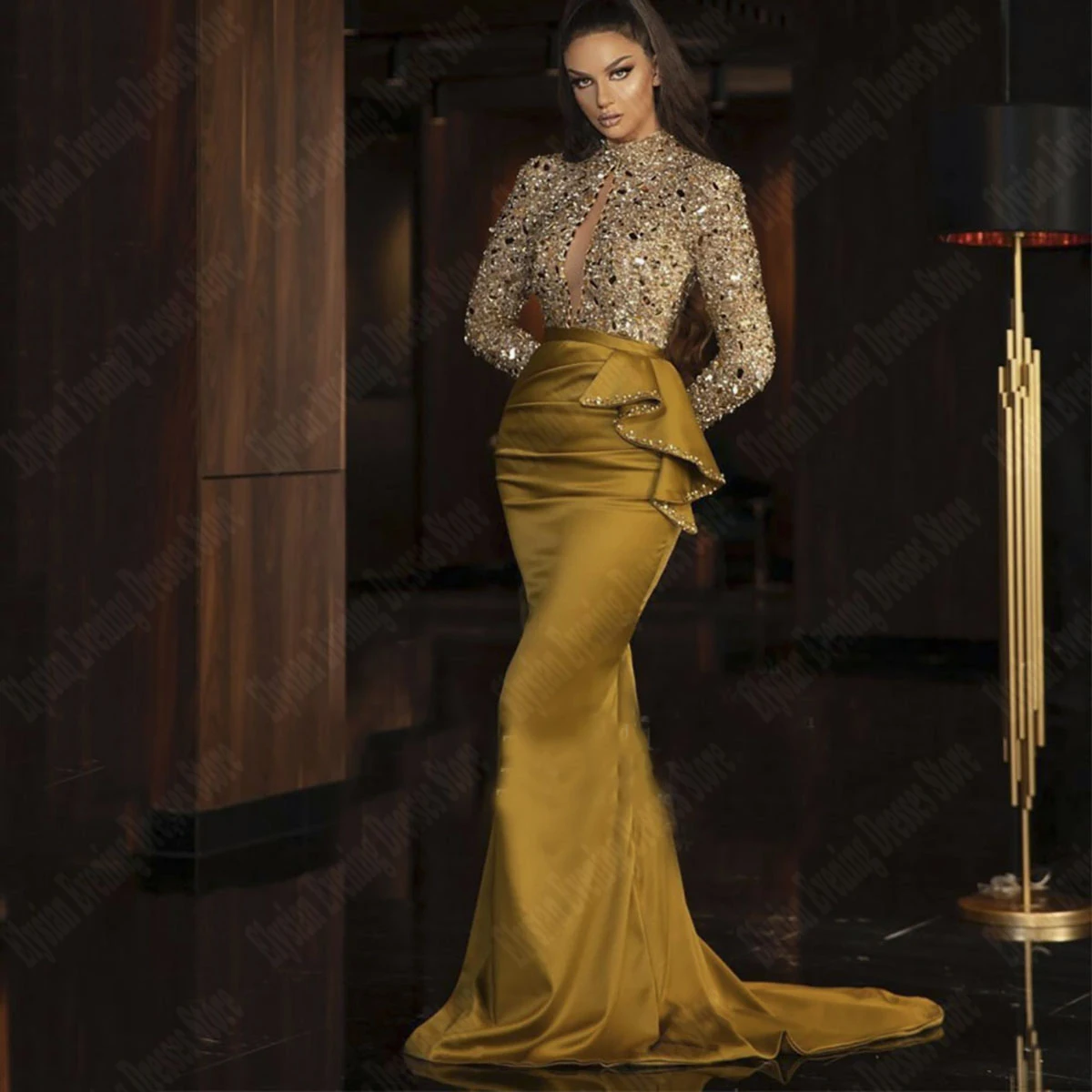 illusion Mesh Gold Sequin Evening Sexy Party Maxi Dress Women Beading Dress Long Prom Dress