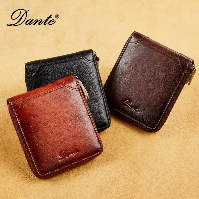 Dante Large Capacity Anti-theft Brush Leather Men Wallets Zipper Multifunctional Short Wallet Head Layer Cowhide Money Bag Clips