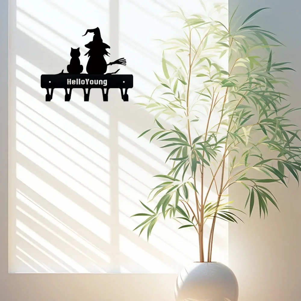 Charming Iron Silhouette Witch and Cat Garden Stake on Branch Perfect Yard Art Decor with Stump Plug-in for Courtyard and Lawn