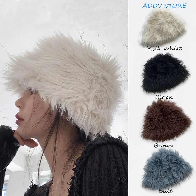 Women's Plush Woven Knit Hats Winter Solid Rabbit Fur Wool Bucket Hat Knitted Faux Fur Fur Pot Hat