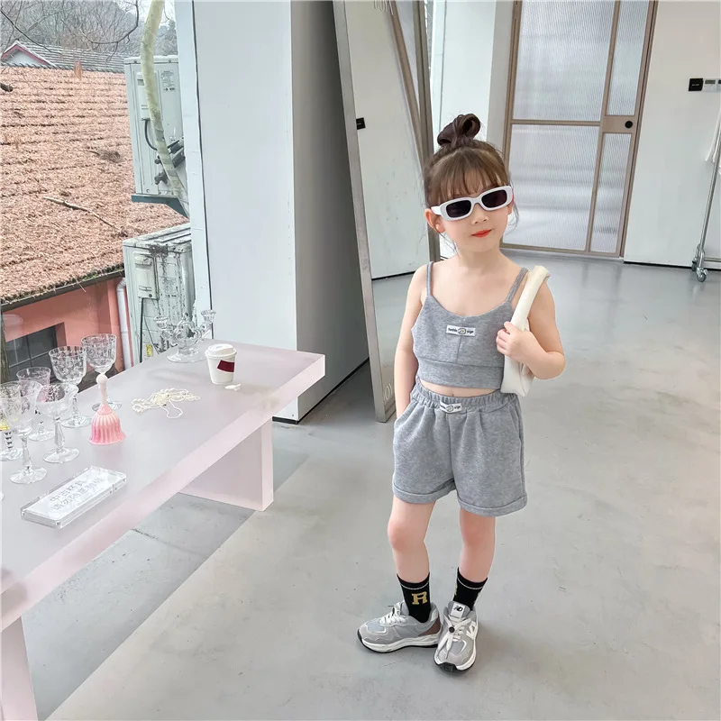 clothes set color	 Girls' Western-Style Leisure Suit 2022 Summer Korean Children'S Letter Embroidered Camisole Shorts Two-Piece Set baby boy clothing sets cheap	 Clothing Sets