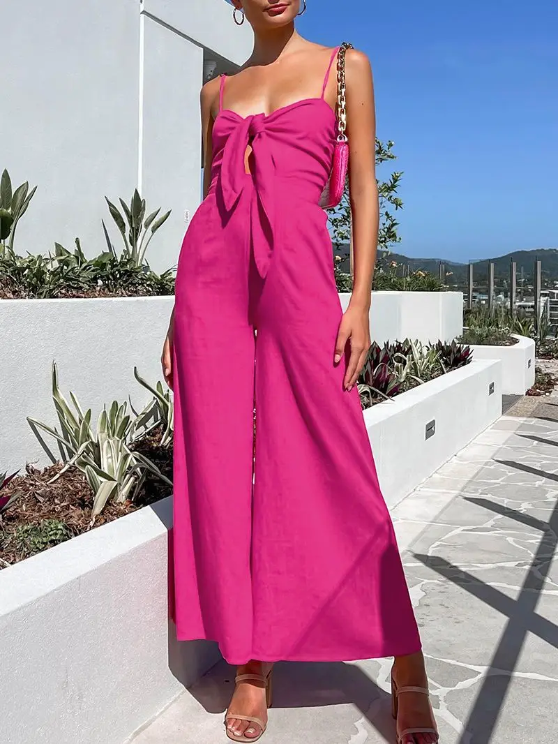 

Summer Pink Linen Jumpsuits Women 2023 Sexy Spaghetti Strap Backless Jumpsuits Vacation Black Cotton Wide Leg Lace-Up Jumpsuits