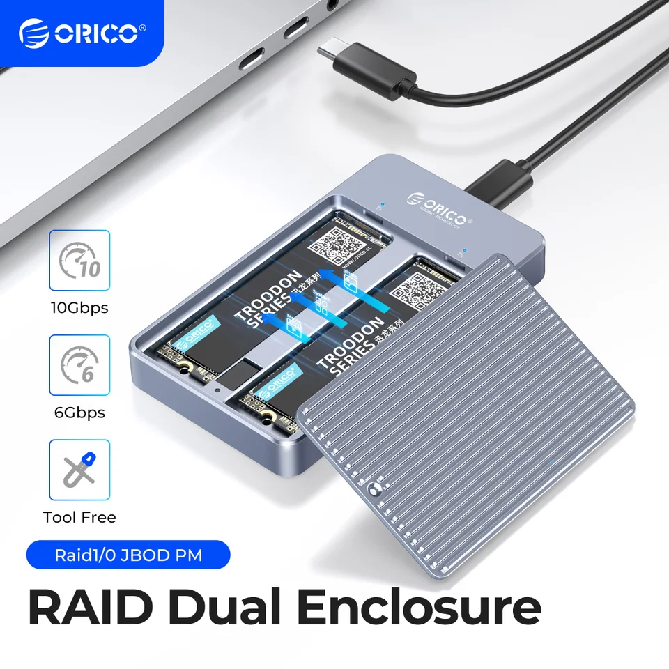 ORICO RAID Dual Bay M.2 SSD Enclosure Case Support M2 NGFF SATA