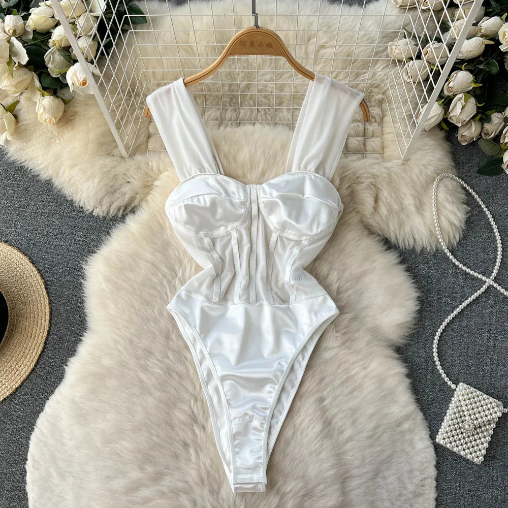 White Satin Mesh Corset Bodysuit Playsuits Women Strap Beach Backless