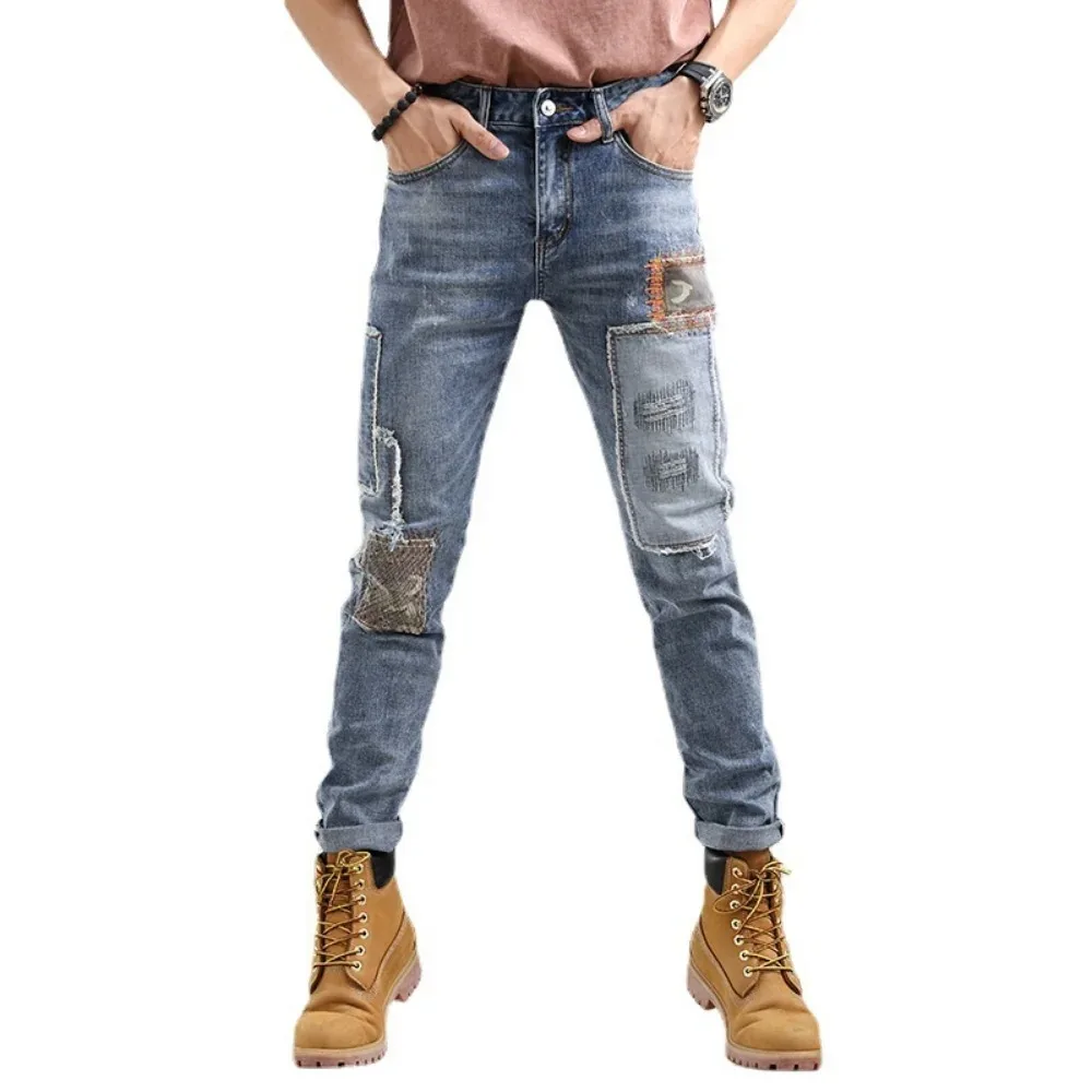 Jeans Men Fashion Splicing Streetwear Male Wear Ripped Hole Skinny Jeans Denim Trousers Cargo Pants y2k Streetwear Mens Trousers