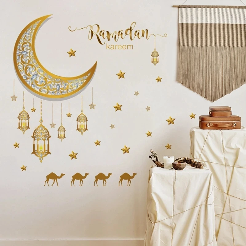 2024 Ramadan Kareem Wall Stickers Moon Star Lantern Wall Decal Eid Mubarak Decorations for Home Muslim Islamic Window Sticker