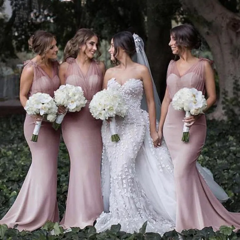 

Dusty Pink Bridesmaid Dresses Tulle Satin Sexy V-Neck Mermaid Elegant Dress Women for Wedding Party vestidos de gala Chic