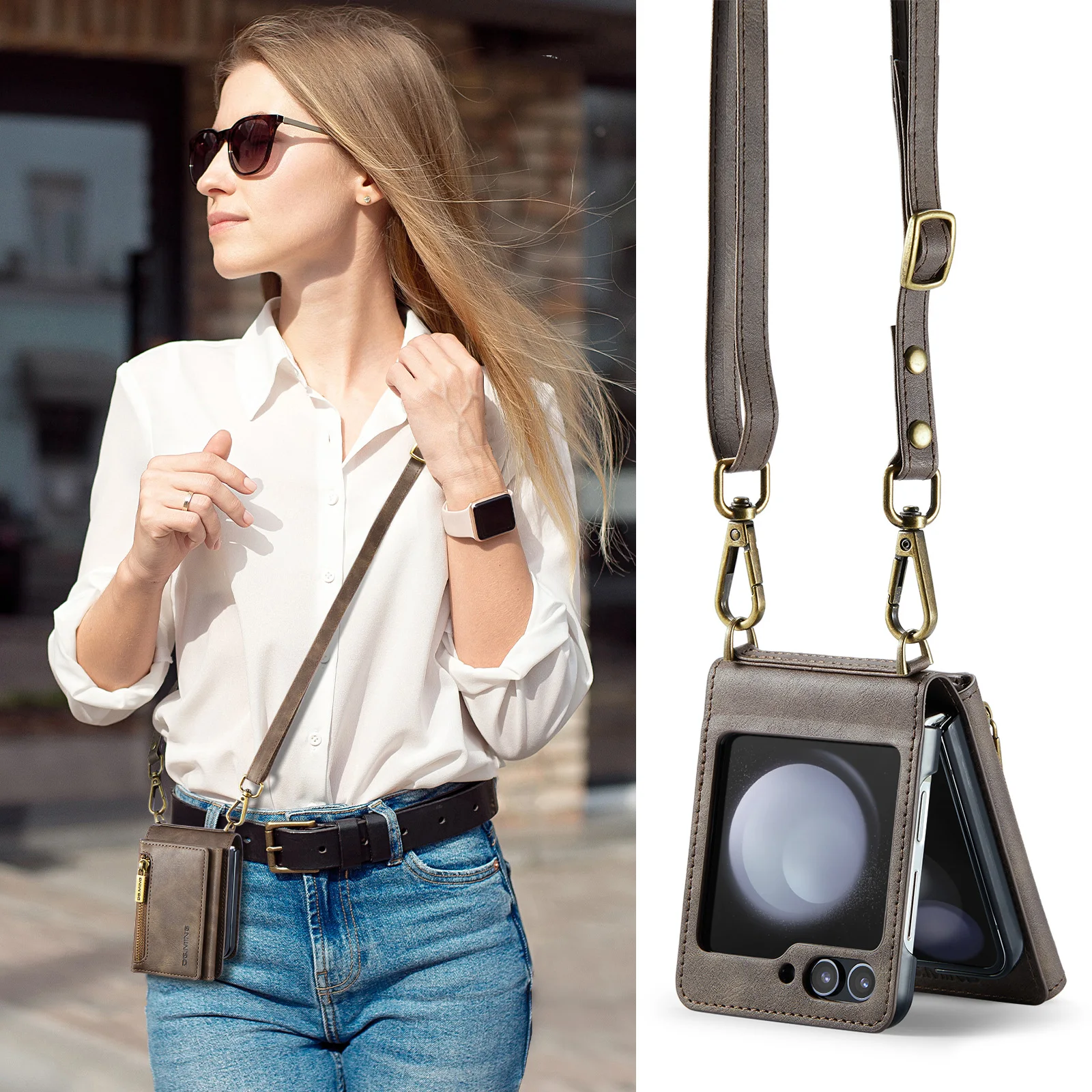 DG.MING M5 Long Strap Crossbody Card Bag Leather Case for Galaxy Z Flip 5/Z Flip 4/Z Flip 3 Folding Zipper Purse Wallet Case