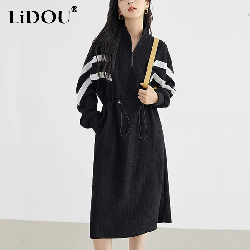 

Spring Autumn Loose Casual Fashion Patchwork Drawstring Waist Knitting Robe Ladies Stand Collar Sporty Midi Dress Women Vestidos