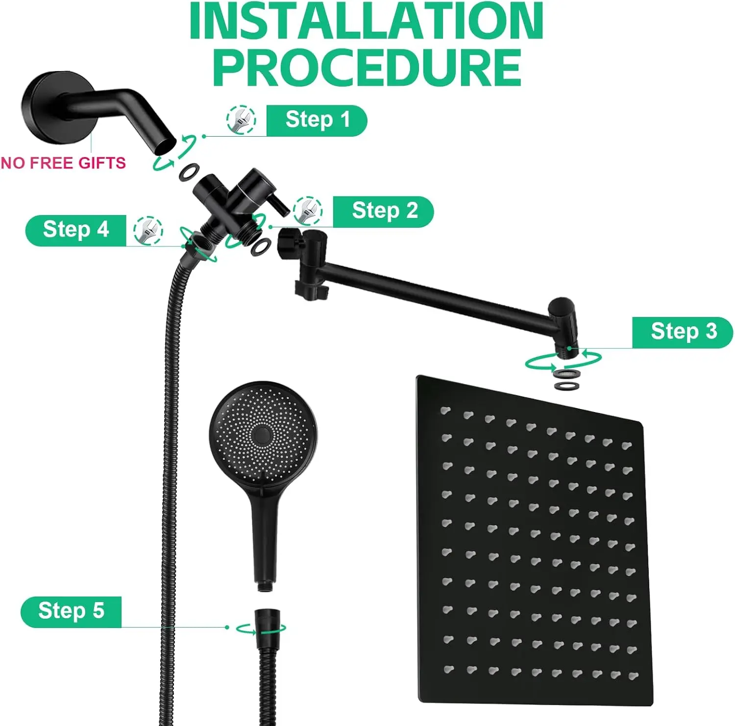 Hand-held spray combination and adjustable extension arm / 3-way flow regulator/shower system, high pressure rain hose 5