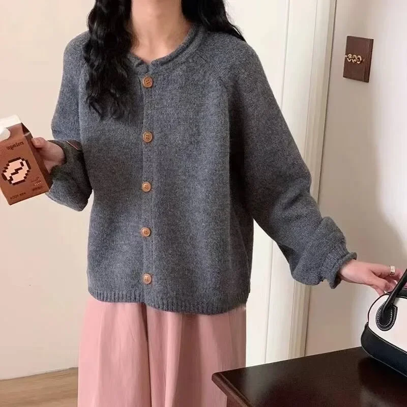 Autumn and Winter New Women's Clothing Crew Neck Cardigan Long-sleeved Sweater Fashion Casual Single-breasted Loose Jacket