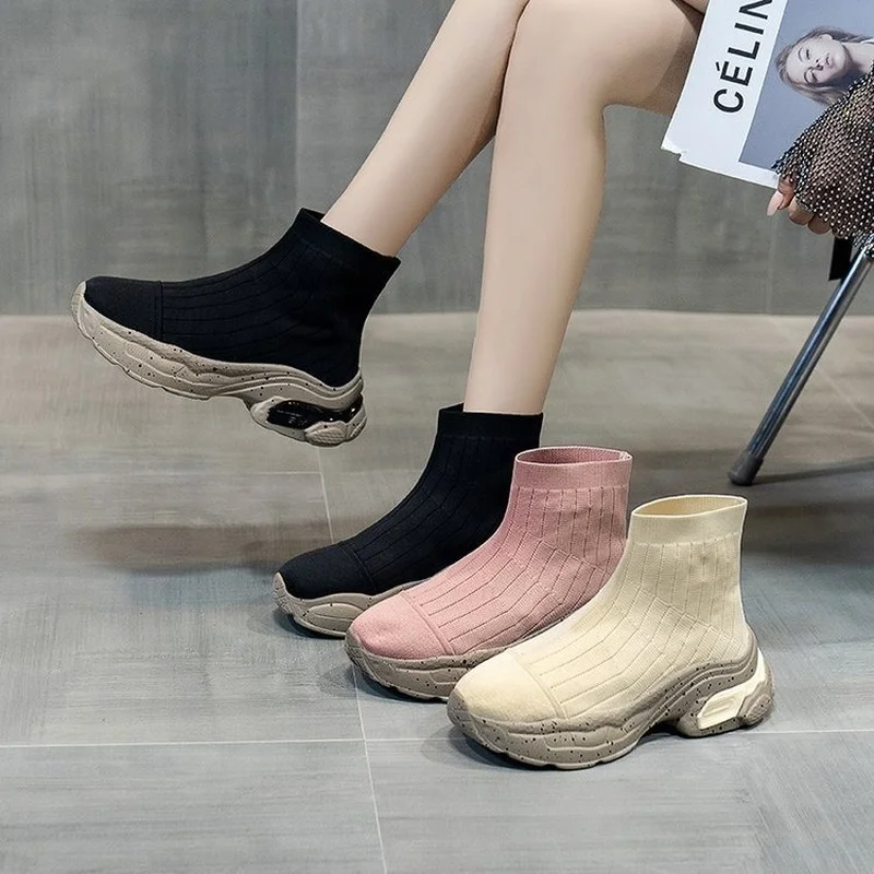 Women Shoes Fashion Knitted Breathable Platform Sports Shoes Outdoor Casual Shoes Platform Soft Sole Comfortable Walking Shoes