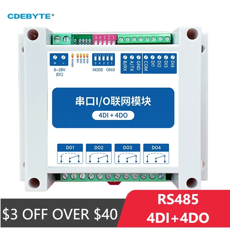ModBus RTU Serial IO Module RS485 Interface 4DI+4DO 4 Digital Outputs Rail Installation 8~28VDC CDEBYTE MA01-AXCX4040 for guide rail rs485 digital display controller force gauges amplifier junction box weighing transmitter load cell indicator