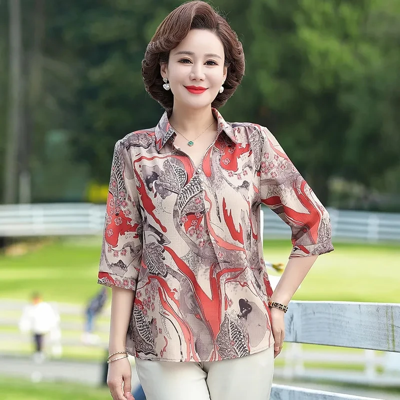 Middle Aged Mother Summer Shirts Korean Loose Half Sleeve Lapel