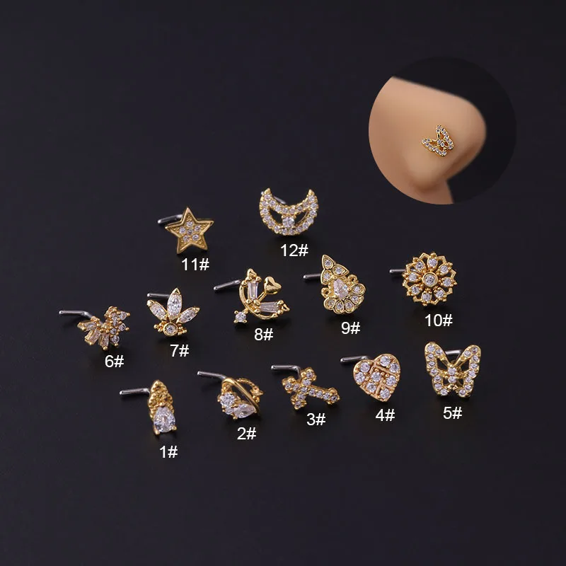 

1Pc Fashion Stainless Steel Nose Studs Screw Nose Piercing Jewelry Shiny CZ Crown Cross Moon Star L Shaped Nose Rings