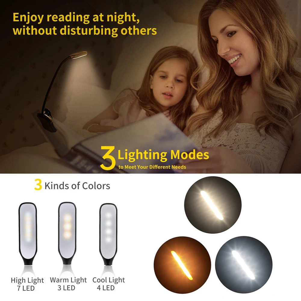LED Book Light USB Rechargeable Reading Light 3-Level Warm Cool White Daylight Portable Flexible Easy Clip Night Reading Lamp book light