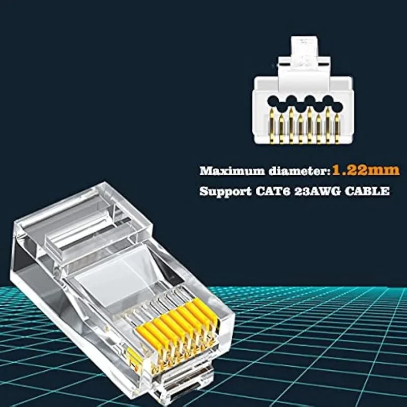 RJ45 Cat6 Cat6a 패스스루 커넥터 금도금 8P8C 모듈러 플러그 (23AWG 트위스트 페어 와이어 및 표준 케이블용) (100개)