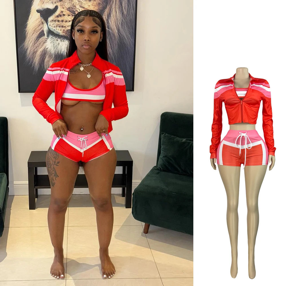 Women's 3-Piece Color Block Tracksuit Set - Sports Bra, Jacket, and Shorts