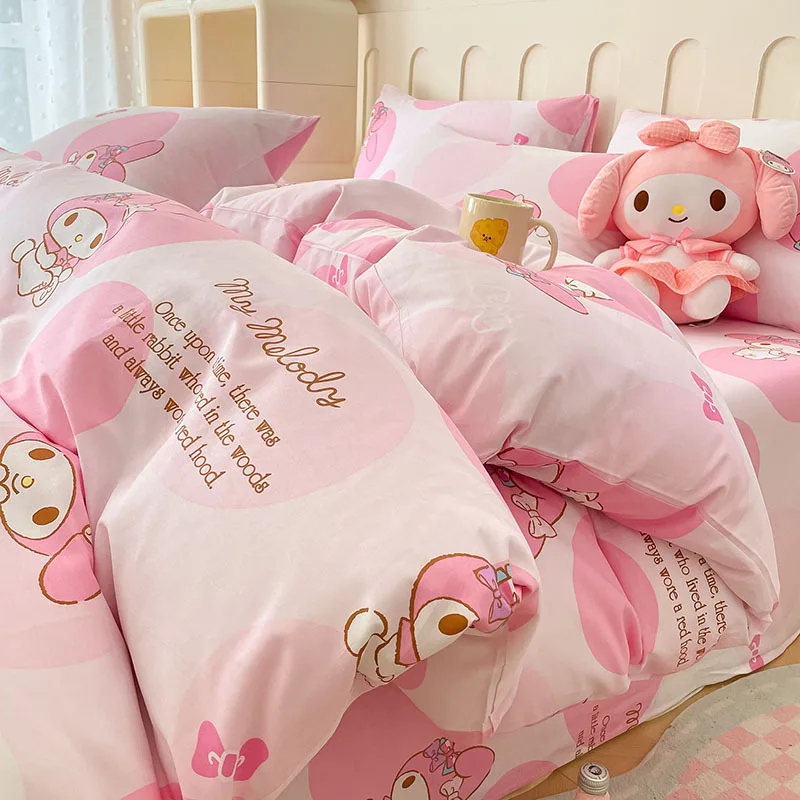 thumbnail image 1 of Miniso Sanrio Hello Kitty Kuromi Cinnamoroll, Sábana de algodón puro con dibujos animados, funda de edredón, funda de almohada, ropa de cama de tres piezas para dormitorio, 1 of 5