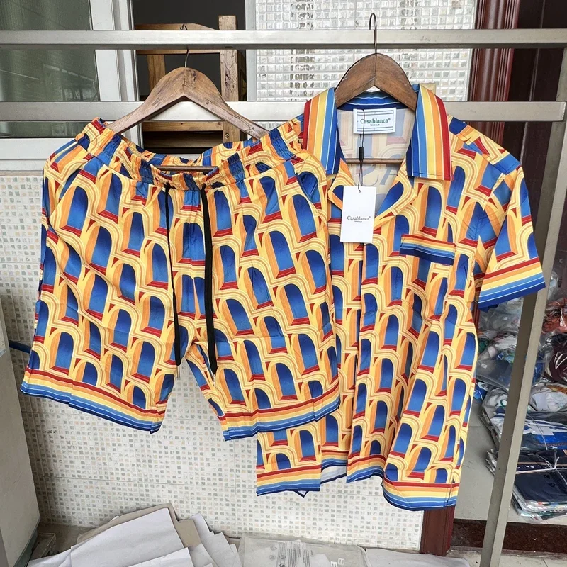 

Full Setp Gate Print Casablanca Mesh Shortpant Shirt Set Thin Silk 2024 Men Women Casual Hawaii Beach Surf Short Sleeve Suit