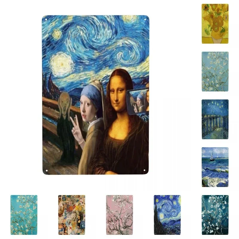 

Retro Starry Night By Mona Lisa and Van Gogh Metal Signs Custom Art Painting Tin Plaques Gate Garden Bars Home Decor posters