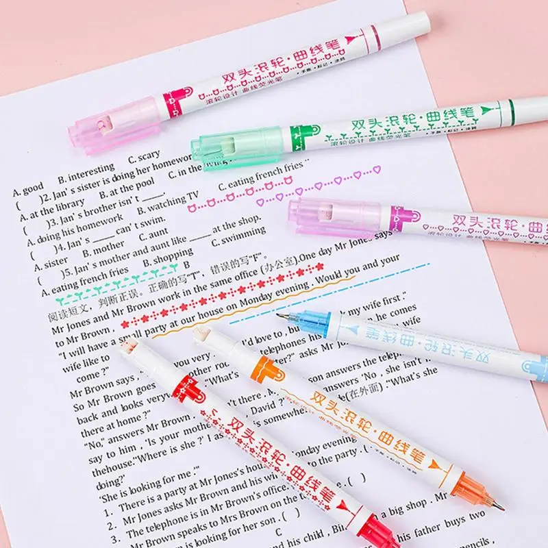 라인 모양 하이라이터 펜, 멀티 컬러 롤러 팁, 커브 라이너 마커, 노벨티 문구, 학교 그래피티 아트 펜, 6 개