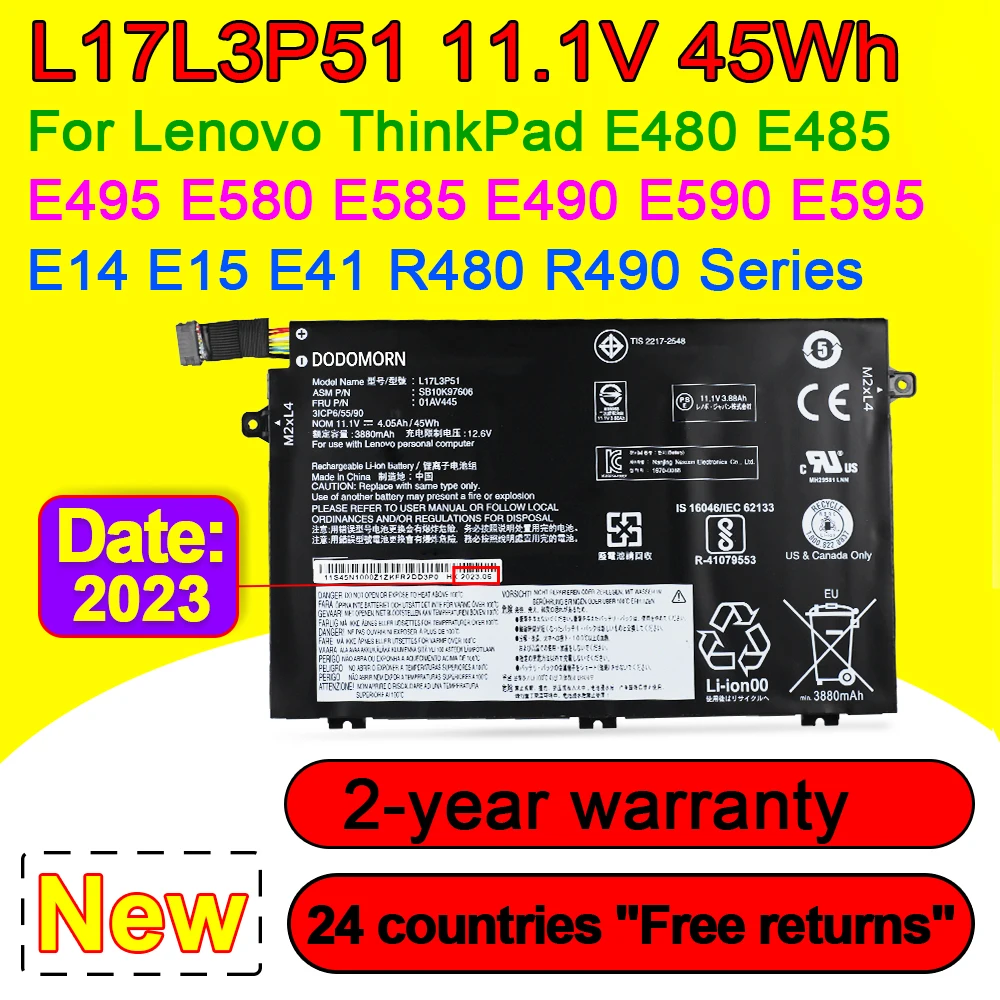 Bateria do Portátil para Lenovo Thinkpad E15 E480 E490 E495 E580 E585 E590 E595 01av446 01av445 L17m3p53 11.1v 45wh Novo L17l3p51