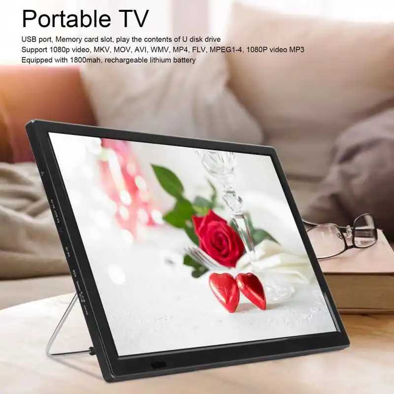 Portable 16in Digital TV 1080P LED Television Support FM Radio with Stand EU Plug 100-240V