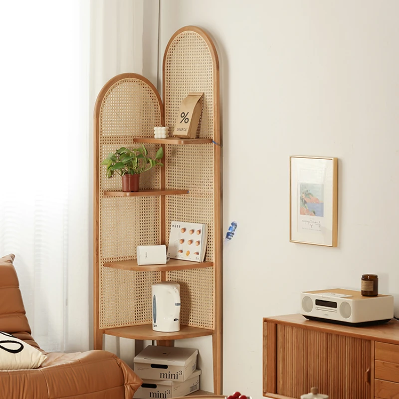 

solid wood rattan weaving shelves, simple home bedroom corner decoration cabinet,