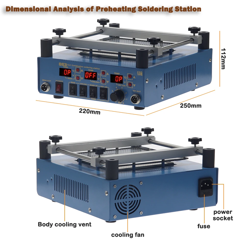 863 Soldering Station 3 in 1 Bga Rework Station PCB Preheater Soldering Station Iron Heat Gun Welding Station Phone Repair Tools 4