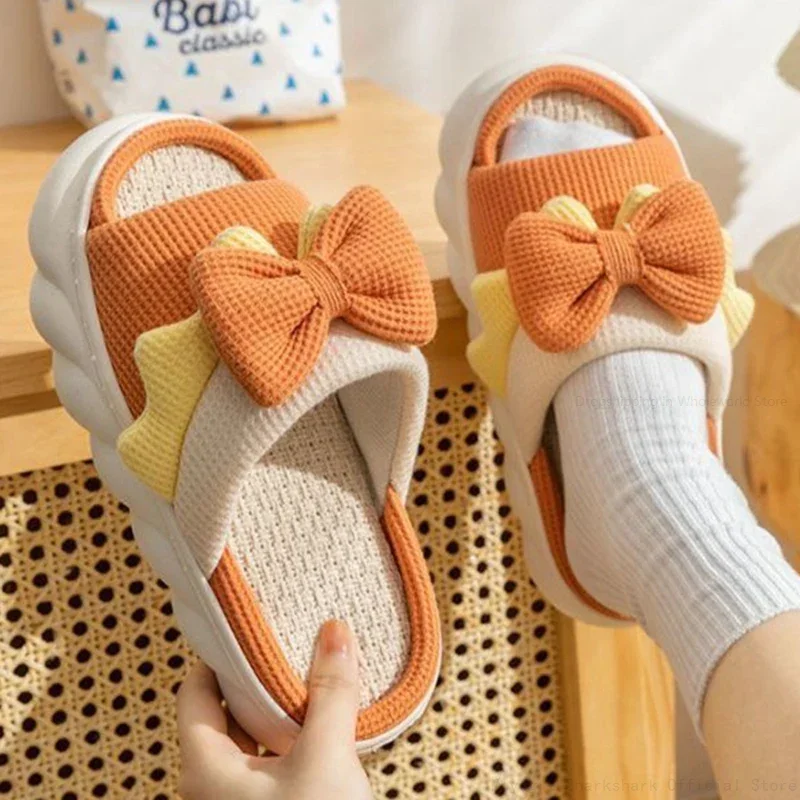 Linen Slippers Women Indoor Slippers Comzy Anti-Slip House Cotton Shoes  Cute Bowknot Flat Slipper Couples Slides Spring Summer