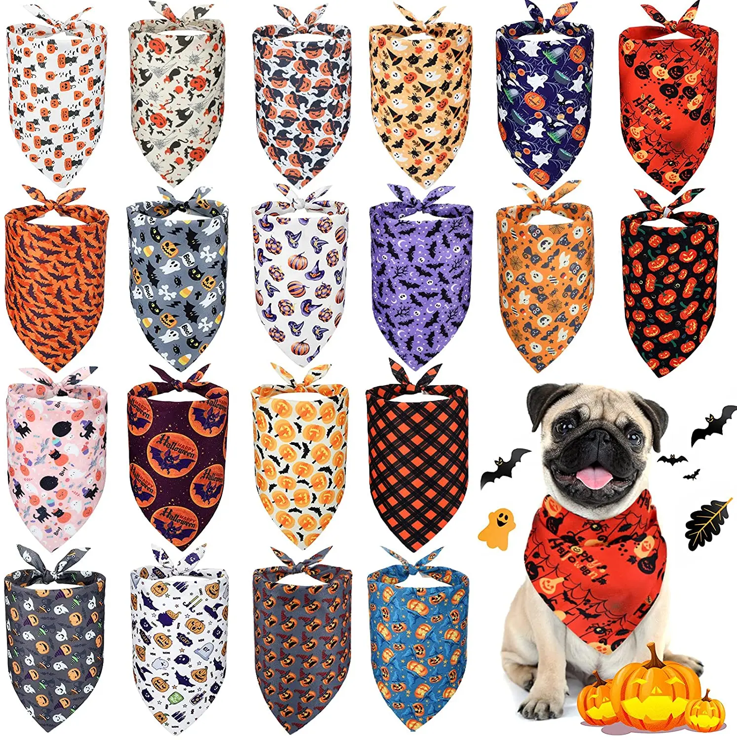 

20 Pieces Halloween Dog Bandanas Pumpkin Ghost Dog Triangle Scarf Bibs Pet Triangle Plaid Kerchiefs For Small Medium Large Pets