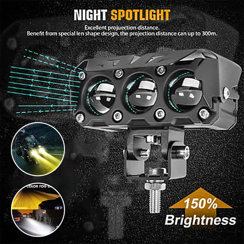 Motorcycle LED Light Universal 1/2/3Lamp Dual Color Auxiliary Light