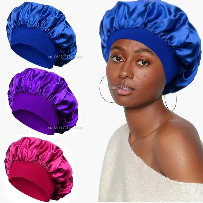 Women's Satin Bonnet Solid Elastic Wide-brimmed Sleeping Hat Unisex Head Wrap Elastic Band Cap Hair Care Night Hat Hair Bonnet Satin Nightcap Sleeping Cap