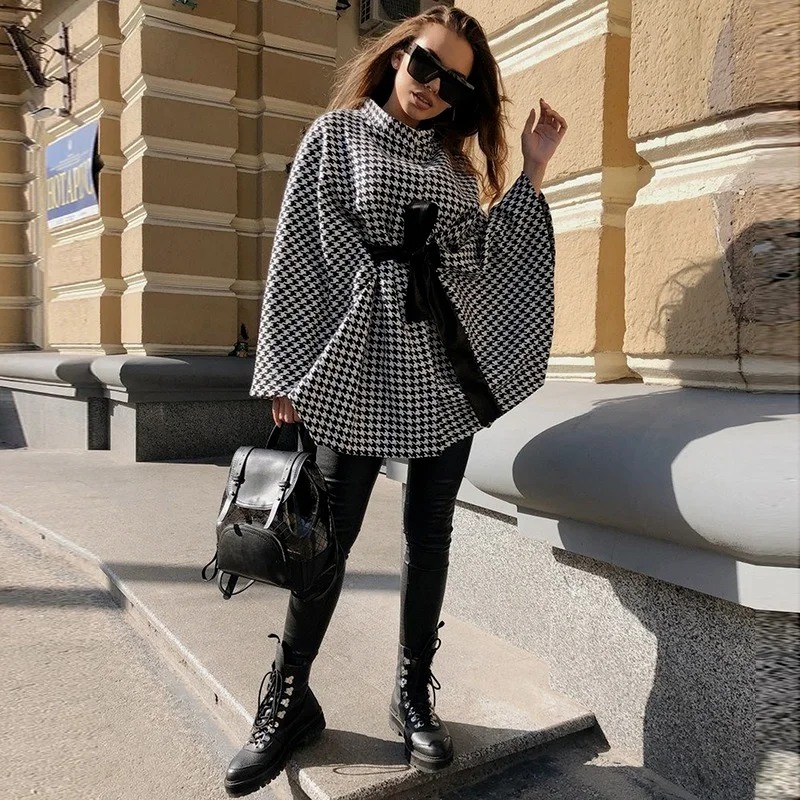 Retro Houndstooth Bowknot Cloaks Women Fashion O-Neck Pullover Autumn Winter Capes Thick Warm Grey Loose Ponchos with Free Belt
