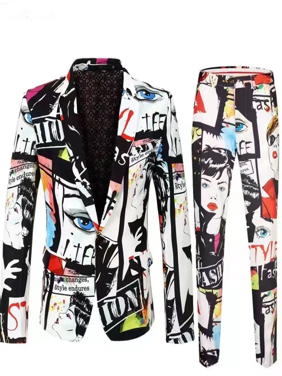 

Stage singer costumes hip-hop eye pattern two-piece autumn and winter men's fashion graffiti pattern casual suit