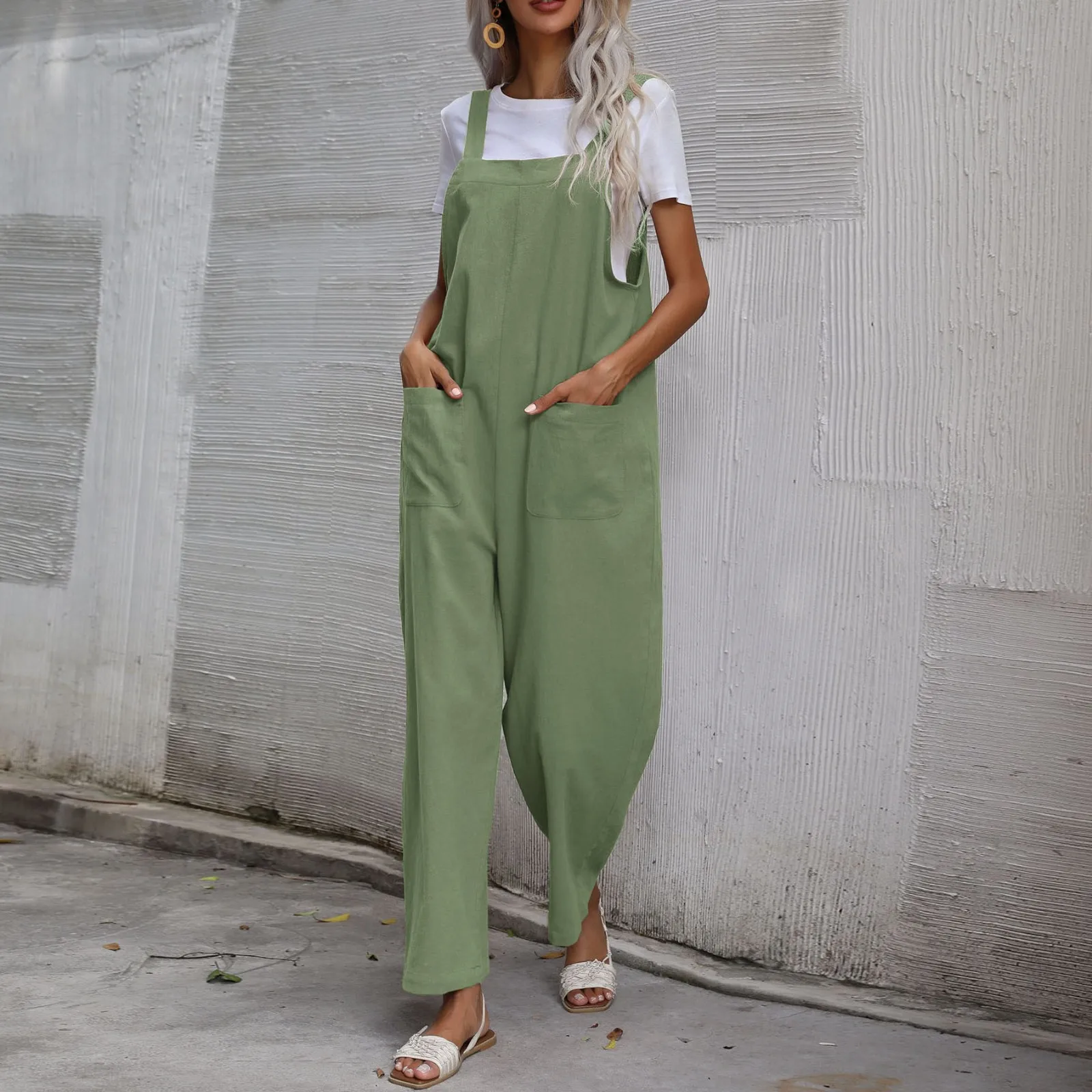 

Women's Solid Sleeveless Dungaree Casual Jumpsuit Overalls Bibs Loose Long Pants Back Button Loose Pocket Romper Plus Size