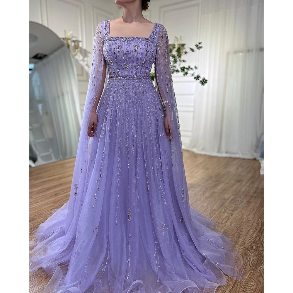 Serene Hill Muslim Pink A Line Square Collar Beaded Luxury Dubai Evening Dresses Gowns 2023 For Women Wedding Party LA71803A