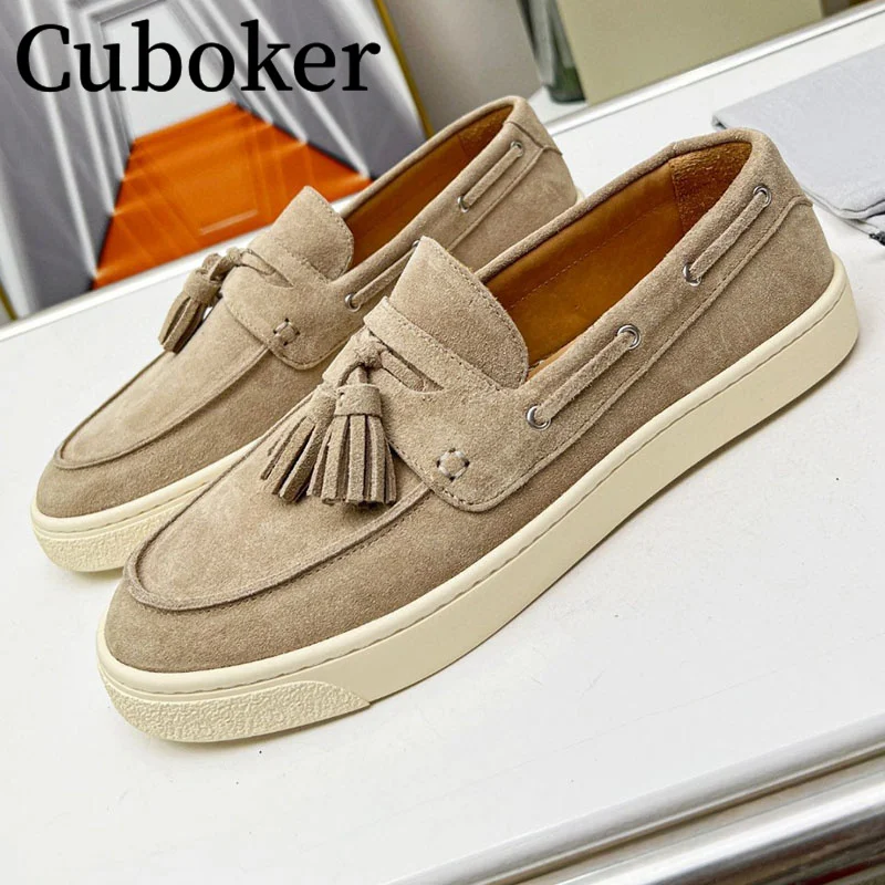 

Runway Hot Sale Men Loafers Flat Shoes Cow Suede Tassel Pendant Casual Flat Shoes Comfort Slip-on Walk Out Shoes for Men