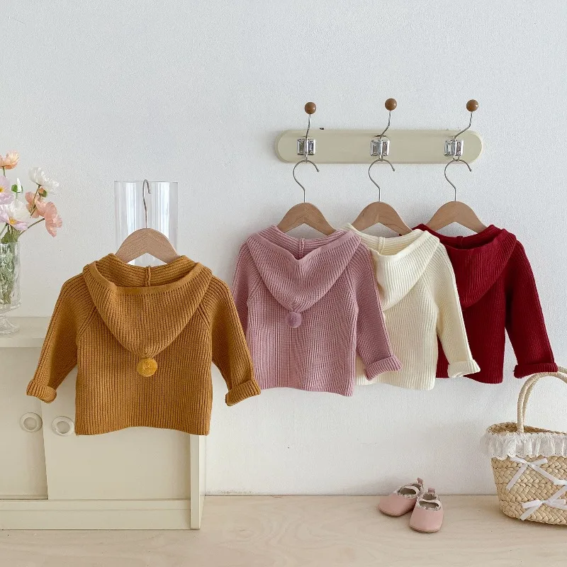 새로운 봄 가을  여아 남아 스웨터 코트 니트 후드 가디건 긴팔 상의 포켓 포함 따뜻한 캐주얼 아우터웨어 A5336