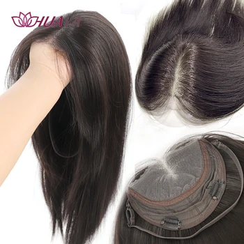 Toppers per capelli sintetici naturali neri/marroni Posticci lunghi e lisci per le donne Clip per topper per capelli anteriori in pizzo con base grande