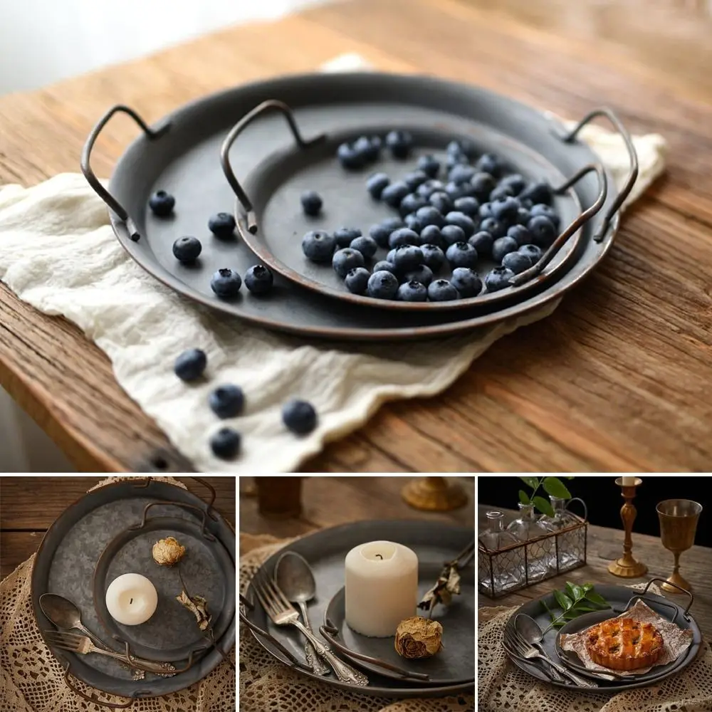 Retro Metal Plate With Handle Round Wrought Vintage Storage Bread Serving Tray Handcrafted Home Decor kitchen tray,storage tray,wooden serving tray,bamboo organizer tray,jewelry storage tray,drink tray