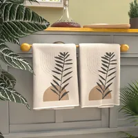 2 soft towels with abstract art plant patterns, stylish beige and black leaf designs, suitable for kitchens, bathrooms, or gyms 1