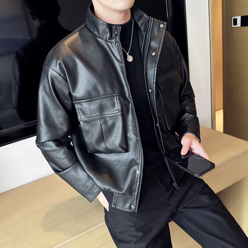 

Fashion Men's Winter Faux Leather Jackets Black Short Style Stand Collar Motorcycle Clothes Zipper Slim Fit Suede Windbreaker
